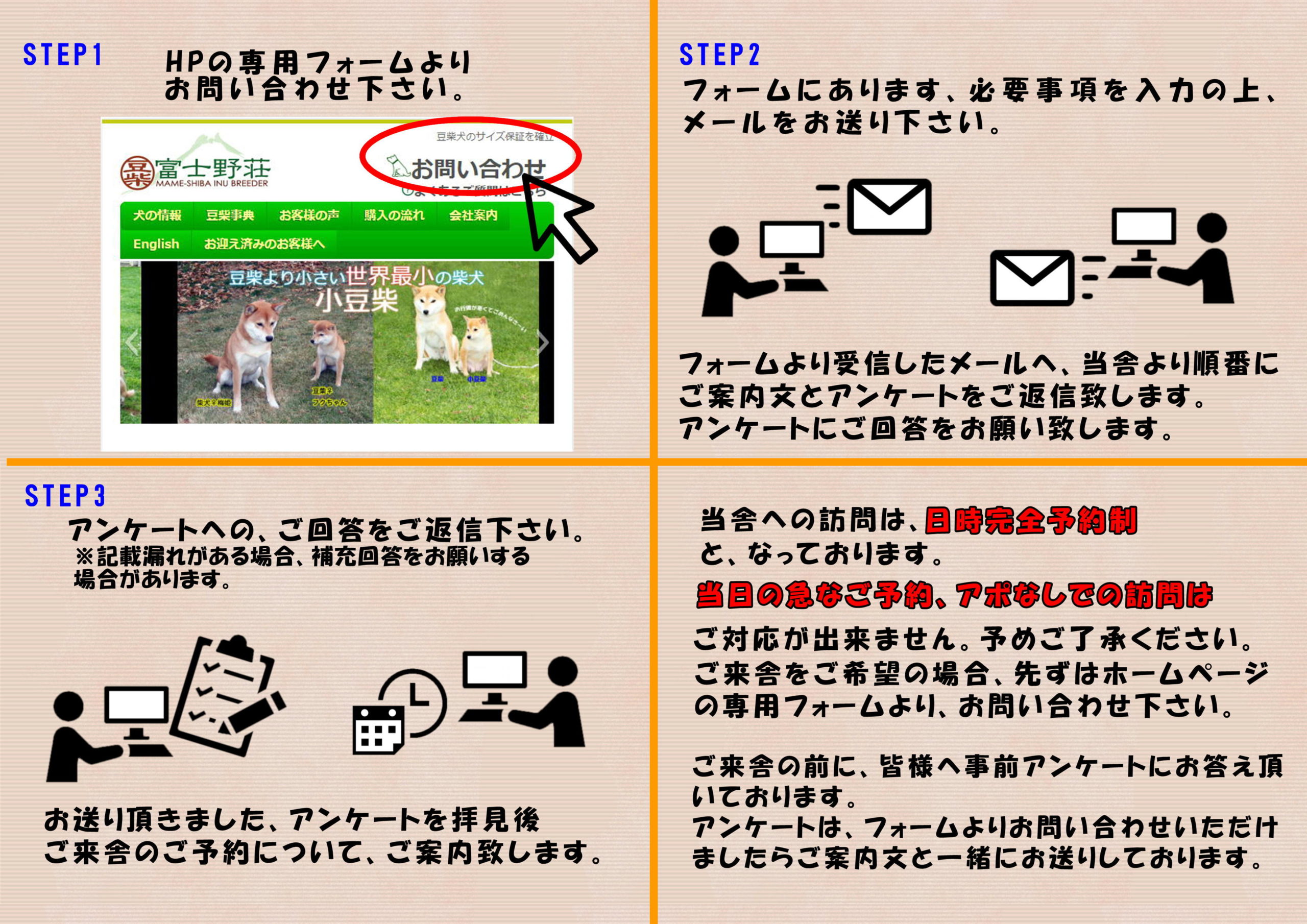ご来舎の流れステップ1お問合せステップ2フォームから送る返信にアンケートがあるステップ3アンケートの回答のお願い※当舎への訪問は日時完全予約制の説明